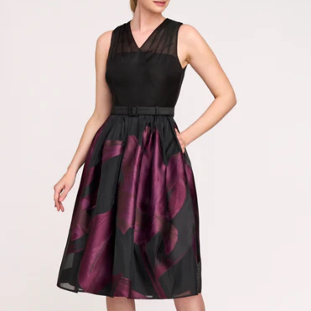 Kay Unger Ellis Fit Flare Midi Dress Black Fig Floral Wedding Guest 6 NWT
